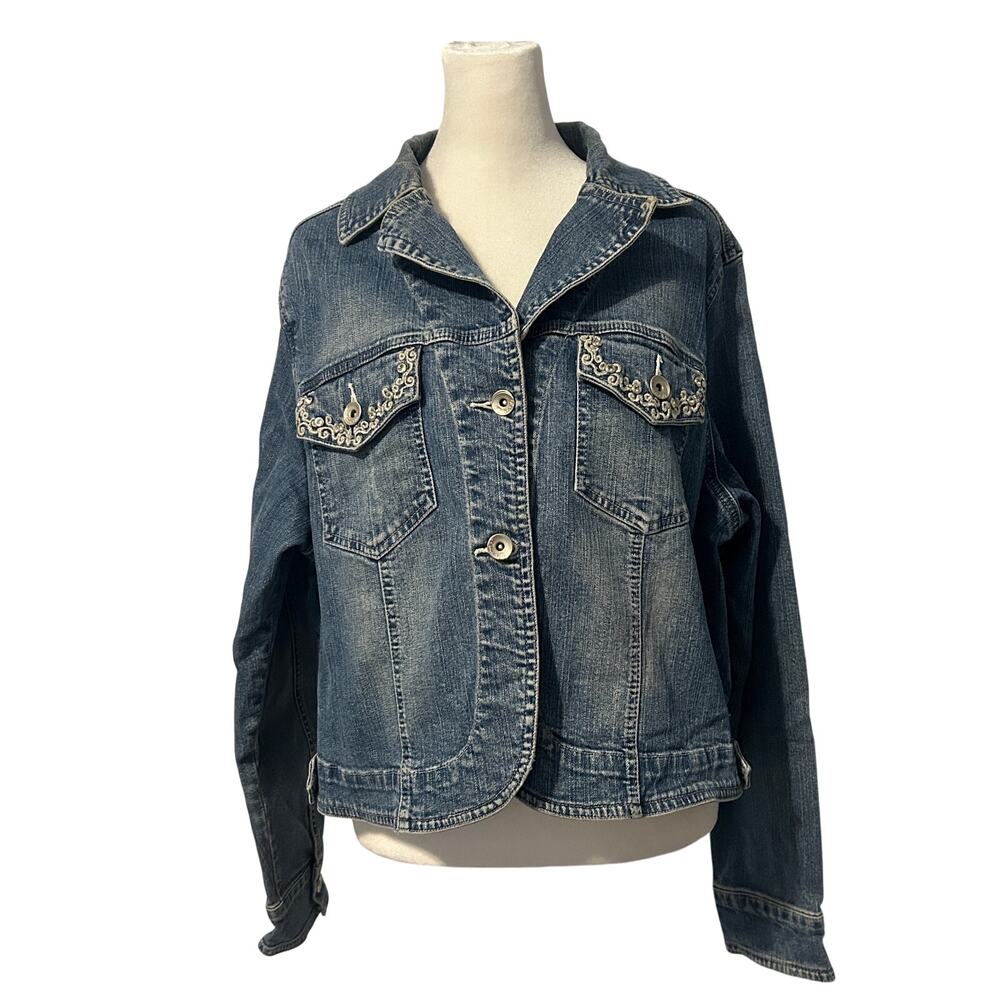 98 Embellished Denim Jacket with Scroll Detail Blue Womens Size 20